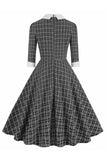 Black Plaid Lapel Neck Vintage 1950s Dress with Half Sleeves