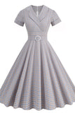 Green Grid A Line Lapel Vintage 1950s Dress with Short Sleeves