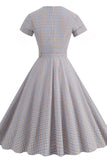 Green Grid A Line Lapel Vintage 1950s Dress with Short Sleeves