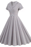 Green Grid A Line Lapel Vintage 1950s Dress with Short Sleeves