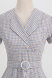 Green Grid A Line Lapel Vintage 1950s Dress with Short Sleeves