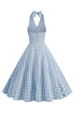 Halter Blue Plaid 1950s Dress With Bow