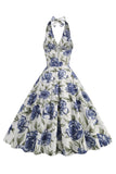 Halter White Blue A Line Floral Printed 1950s Dress