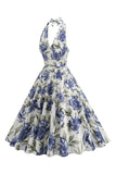 Halter White Blue A Line Floral Printed 1950s Dress