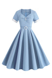 Blue A Line Vintage 1950s Dress with Belt