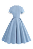 Blue A Line Vintage 1950s Dress with Belt