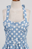 A Line Blue Polka Dots Vintage 1950s Dress With Belt