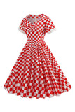 A Line Red Plaid Vintage 1950s Dress with Short Sleeves