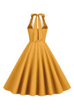 Halter Yellow A-Line Pleated Vintage Dress