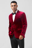 Burgundy Notched Lapel Velvet Single Breasted Men's Blazer