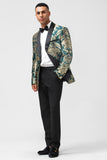 Dark Green One Button Jacquard Men's Prom Blazer with Shawl Lapel