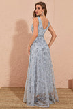 Sliver Grey A Line Floral Embroidery Long Ball Dress with Slit