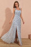 Sliver Grey A Line Floral Embroidery Long Ball Dress with Slit