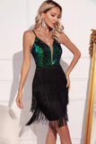 Sparkly Green Black Fringed Sequins Short Cocktail Dress