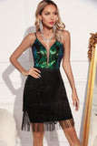 Sparkly Green Black Fringed Sequins Short Cocktail Dress