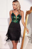 Sparkly Green Black Fringed Sequins Short Cocktail Dress