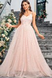 Sparkly Pink A Line Spaghetti Straps Long Ball Dress With Appliques