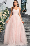 Sparkly Pink A Line Spaghetti Straps Long Ball Dress With Appliques