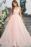 Sparkly Pink A Line Spaghetti Straps Long Ball Dress With Appliques