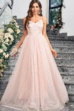 Sparkly Pink A Line Spaghetti Straps Long Ball Dress With Appliques