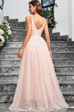 Sparkly Pink A Line Spaghetti Straps Long Ball Dress With Appliques