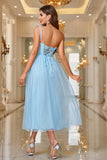 Sky Blue A Line Corset One Shoulder Ball Dress