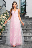 Sparkly Pink  A Line V-Neck Ball Dress