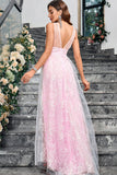 Sparkly Pink  A Line V-Neck Ball Dress