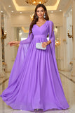 Purple A Line V Neck Long Sleeves Chiffon Ball Dress