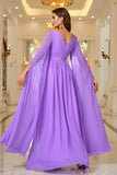 Purple A Line V Neck Long Sleeves Chiffon Ball Dress