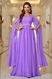 Purple A Line V Neck Long Sleeves Chiffon Ball Dress