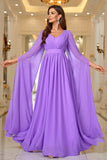 Purple A Line V Neck Long Sleeves Chiffon Ball Dress