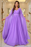 Purple A Line V Neck Long Sleeves Chiffon Ball Dress