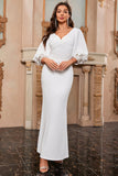 White Mermaid V Neck Long Ball Dress with Puff Sleeves