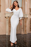 White Mermaid V Neck Long Ball Dress with Puff Sleeves