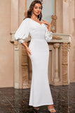 White Mermaid V Neck Long Ball Dress with Puff Sleeves