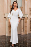 White Mermaid V Neck Long Ball Dress with Puff Sleeves