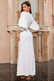 White Mermaid V Neck Long Ball Dress with Puff Sleeves