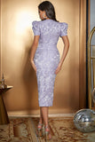 Light Purple Bodycon Puff Sleeves Pleated Long Ball Dress With Slit