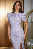 Light Purple Bodycon Puff Sleeves Pleated Long Ball Dress With Slit