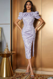 Light Purple Bodycon Puff Sleeves Pleated Long Ball Dress With Slit