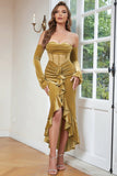 Khaki Bodycon Sweetheart Velvet Corset Ruffled Ball Dress with Long Sleeves