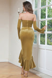 Khaki Bodycon Sweetheart Velvet Corset Ruffled Ball Dress with Long Sleeves