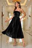 Black Velvet A Line Spaghetti Straps Tea Length Ball Dress