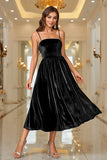 Black Velvet A Line Spaghetti Straps Tea Length Ball Dress