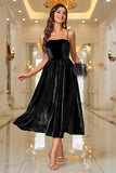 Black Velvet A Line Spaghetti Straps Tea Length Ball Dress