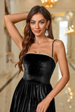 Black Velvet A Line Spaghetti Straps Tea Length Ball Dress