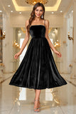 Black Velvet A Line Spaghetti Straps Tea Length Ball Dress