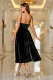 Black Velvet A Line Spaghetti Straps Tea Length Ball Dress