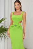 Green Mermaid Square Neck Hollow Out Pleated Long Formal Party Dress